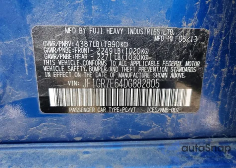 2013 Subaru Impreza Wrx из США, поврежденный, VIN JF1GR7E64DG882805